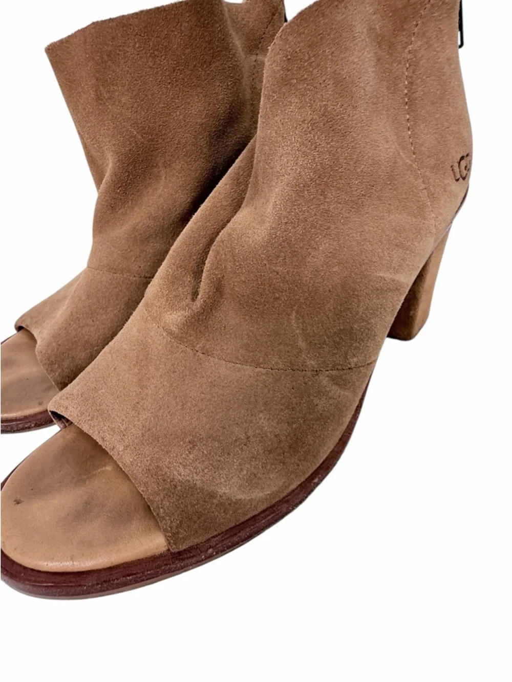 UGG Australia Suede Open Toe Booties Heels Brown Size 7.5 Block Heel Ankle Boots - Picture 7 of 16